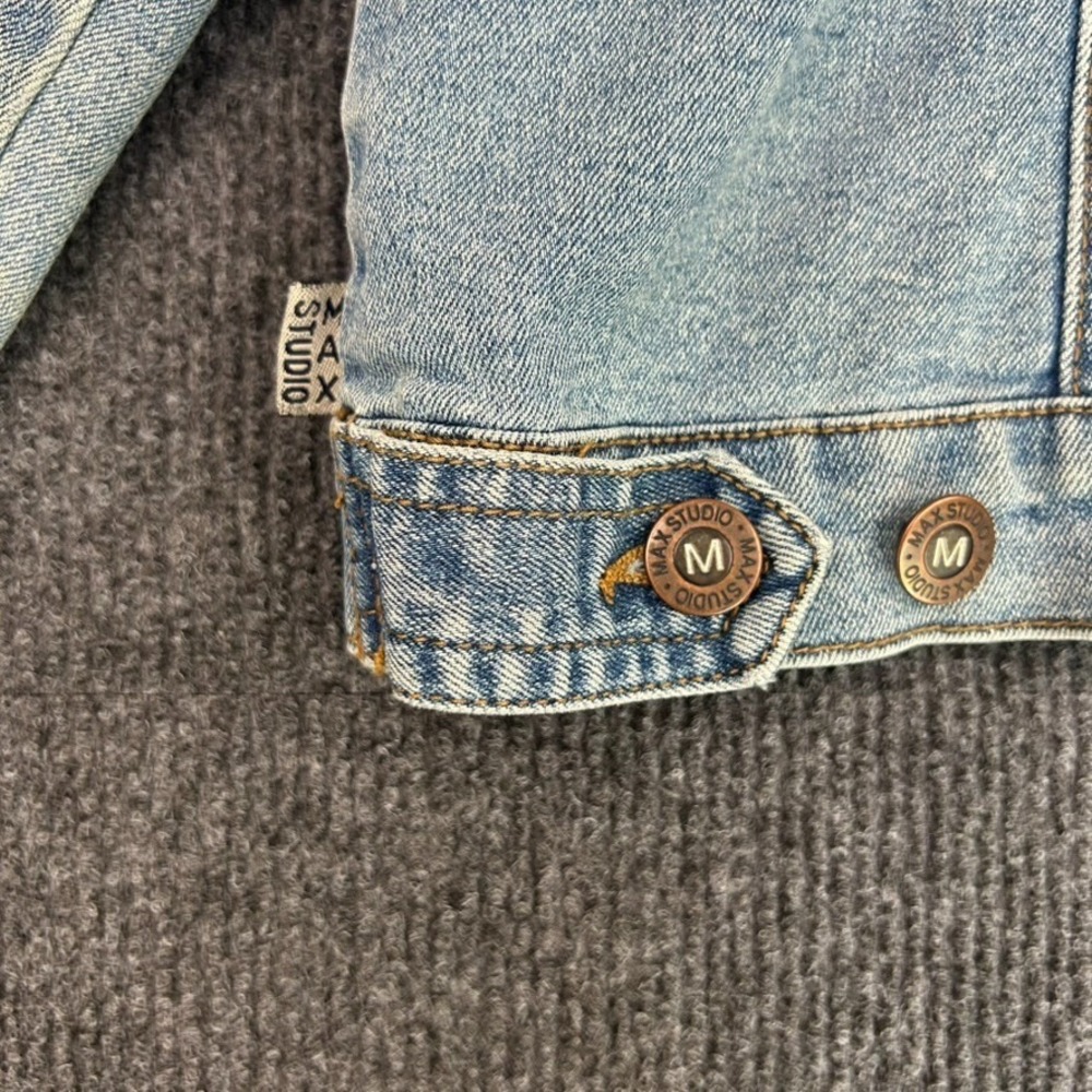 Max Studio Women's Jean Jacket Blue Distressed Stretch Y2K Grunge Streetwear - L - Picture 15 of 16